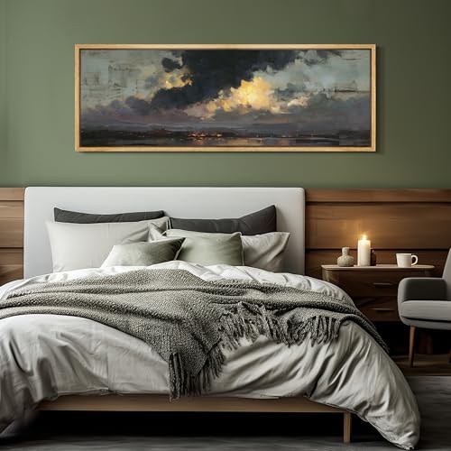 Large Framed Canvas Print Wall Art Dramatic Sunset Clouds Antique Retro Fine Art Illustrations Decorative Colorful for Bedroom