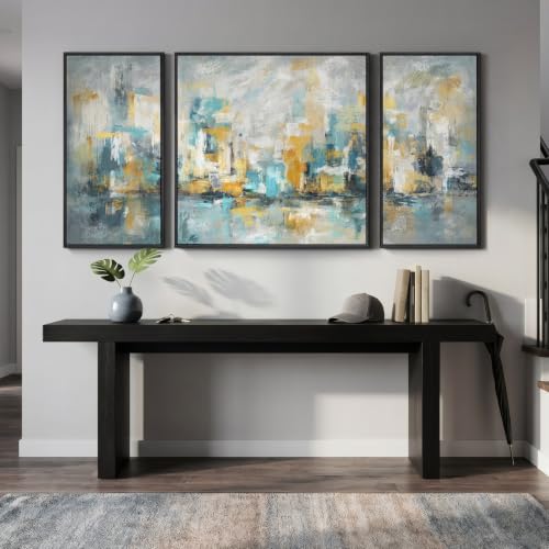 Extra Large Framed Blue Yellow Abstract Wall Art for Living Room (3 Count)