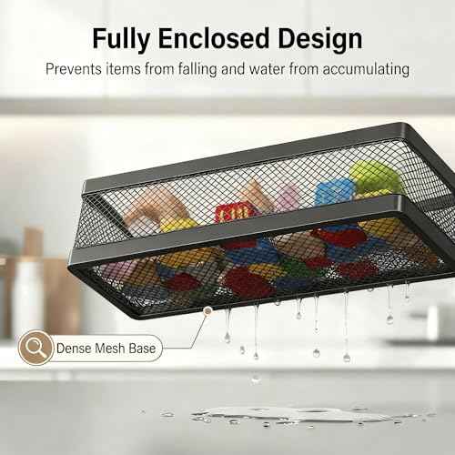 5-in-1 16.5" Extra Long Slim Wall Mount Wrapped Mesh Kitchen Organizer & Shower Caddy Kit, with Paper Towel Holder, Utensil Holder, Soap Dish, Holds 50LBS - Matte Black, Netting