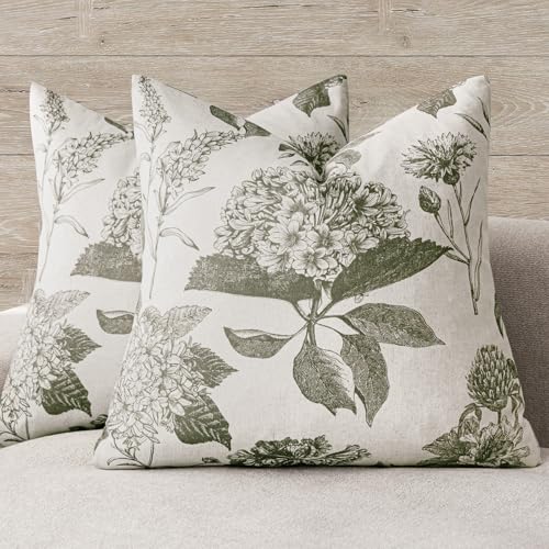 Set of 2 Linen Floral Throw Pillow Covers Neutral Vintage Print Decorative Cushion Covers Farmhouse Boho Home Decor for Sofa Chair Couch Bedroom Living Room (2 Count)