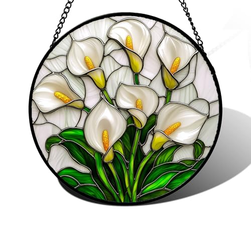 White Calla Lily Bouquet Stained Glass Window Hanging Suncatcher Gifts 12"