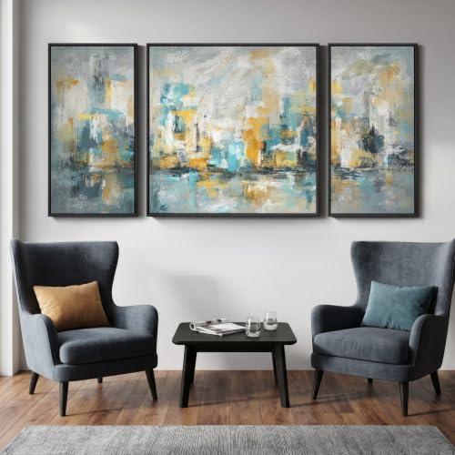 Extra Large Framed Blue Yellow Abstract Wall Art for Living Room (3 Count)