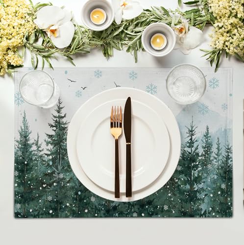 Winter Pine Tree Snowflake Placemats Set of 4 Christmas Snow Green Forest Place Mat 12x18 Inch Seasonal Xmas Holiday Rustic Nature Washable Fabric Table Mats for Farmhouse Kitchen Dining Decoration (4 Count)