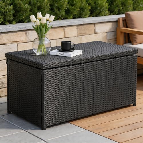 Sundale 70 Gallon Black Rattan Deck Storage Box with Hinged Lid