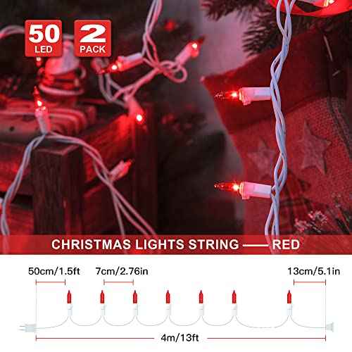 2PACK 50 Count 13ft Red Christmas Lights with White Wire