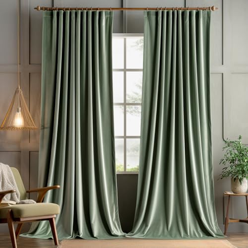 Sage Green Velvet Pinch Pleat Blackout Curtains W52 X L84 Inches (2 Count)