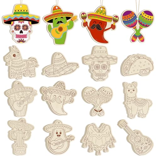 36PCS Wooden Cinco De Mayo Crafts Decorations Mexico Crafts for Kids Fiesta Party Ornaments to Paint