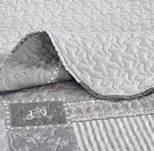 Grey Heart Love & Lace Floral Patchwork Quilt Set