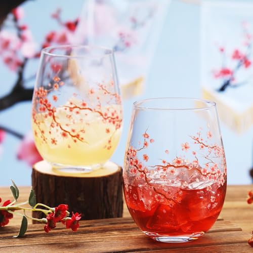 2 Pack 17oz Cherry Blossom Stemless Wine Glasses Floral Drinking Glasses Cherry Blossom Tumbler Cups for Wedding Birthday Gift Parties Supplies (2 Count)