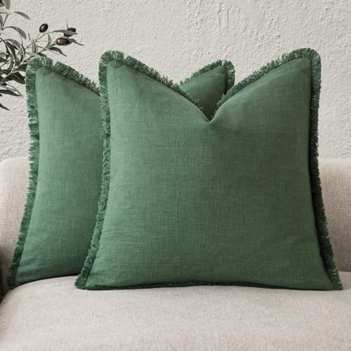 Decorative Linen Fringe Throw Pillow Covers 24×24 Pine Green (2 Count)