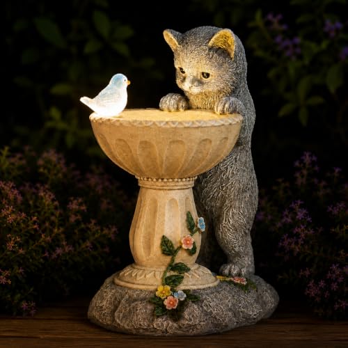 Solar Cat Birdbath Garden Statue