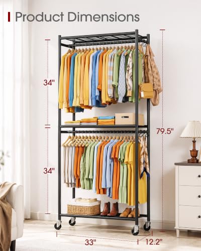 Clothes Rack 33.0" x 12.2" x 79.5" Clothing Rack with Shelves & Wheels