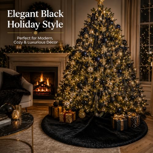48 Inch Faux Fur Christmas Tree Skirt Black Plush Skirt for Merry Christmas Party Christmas Tree Decoration