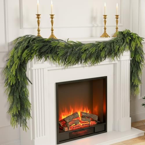 9FT Christmas Norfolk Pine Garland Real Touch Artificial Greenery Garlands Faux Winter Garland for Mantle Fireplace Table Stair Front Door Indoor Outdoor Holiday Xmas Decorations