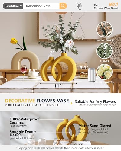 Set of 2 Yellow Ceramic Vases for Home Decor Accents