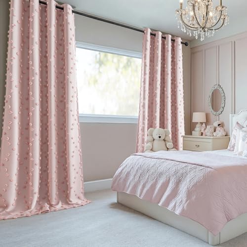 100% Blackout Curtains for Nursery Thermal Insulated Blush Pink Pom Pom Curtain 72 Inch Length for Girls Bedroom 2 Panels Grommet White Sheer Drapes for Kitchen Dining Room Door (2 Count)