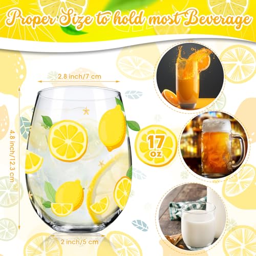 2 Pack Lemon Stemless Wine Glasses 17oz Lemon Drinking Glasses Clear Stemless Wine Tumbler Unique Gift for Wedding (2 Count)