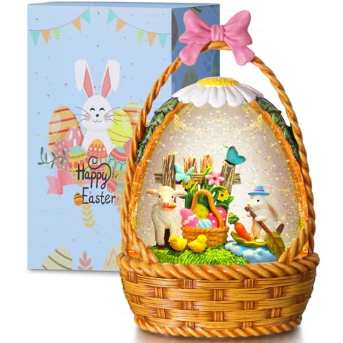 Easter Bunny Snow Globe Basket Egg Easter Decorations for Home Rabbit Sheep Chick Flower Butterfly Tabletop Glitter Snowfall USB