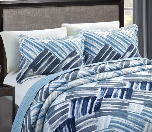 Blue Grey Stripes & Blocks Patchwork Quilt Set