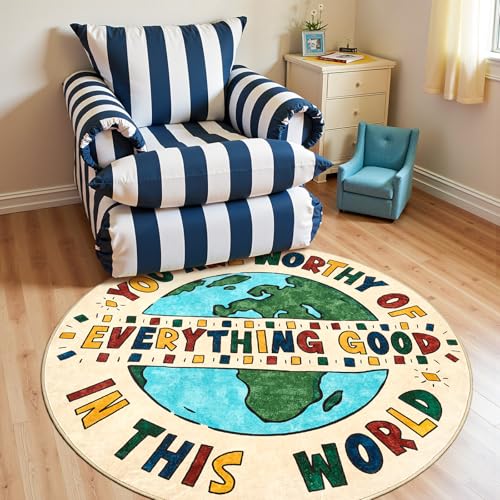 5ft Round Rug Washable Fun Rug You are Worthy Playroom Mat for Kids (19.63 Sq Ft)