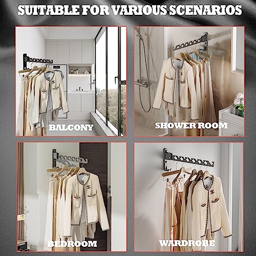 Wall Mount Coat Hanger Holder Black Clothes Drying Organizer Rack Garment Hooks Aluminium Retractable Folding Indoor Wall Mounted Hanger Space Saver for Laundry Room Bedroom Black 2 Pack with 8 Hooks (2 Count)