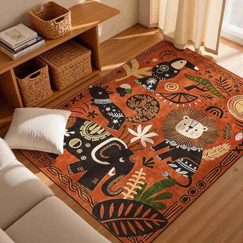 5x7 Cute Area Rug Kids Washable Fun Rug Terracotta Boho Jungle Mat (35 Sq Ft)