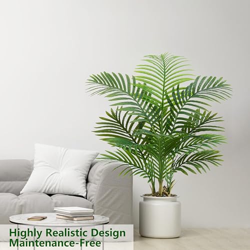 Artificial Palm Tree 3.5FT Tall Fake Tree with White Taper Planter & Pebbles