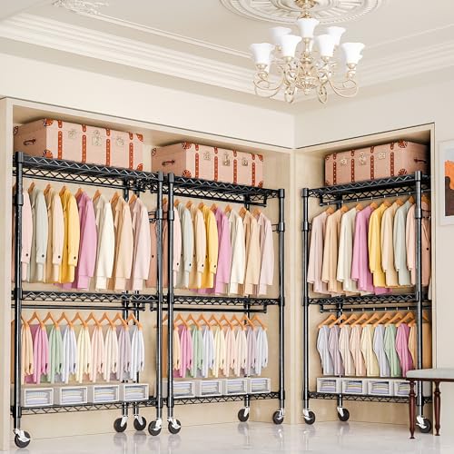 Heavy Duty Rolling Garment Rack 3 Tiers Adjustable Wire Shelving Clothes Rack with 2 Rods and Side Hooks