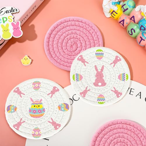 4Pcs Easter Coasters Bunny Rabbit Egg Handmade Braided Cotton Drink Coasters Pink White Absorbent Anti Slip Round Tabletop Protection for Home Office Spring Party Tableware Decor Gift (4 Count)