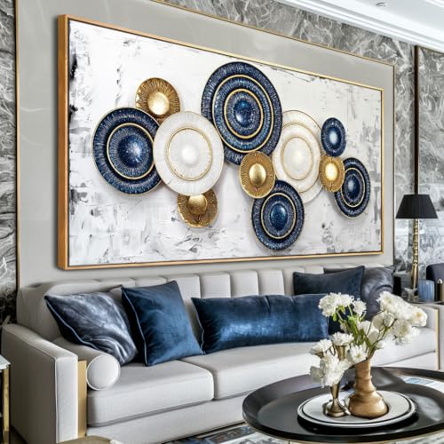 Wall Art Canvas Painting Blue and Yellow 24"x48" with Framed