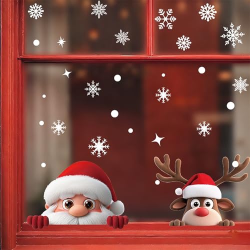 Christmas Window Clings for Glass 2 Sheet Santa Window Decals with Reindeer Designs Window Stickers Cute Windows Cling for Winter Party Supplies Home School Office Glass Decorations (2 Count)