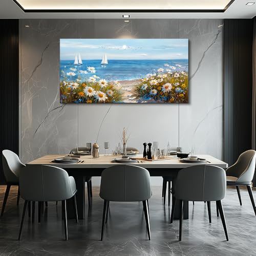 Wall Art For Dining Room Kitchen Blue Ocean Landscape Painting Art Pictures Living Room Decor Vintage Landscape Canvas Print Suitable For Bedroom Office Farmhouse Wall Decoration 24x48 In