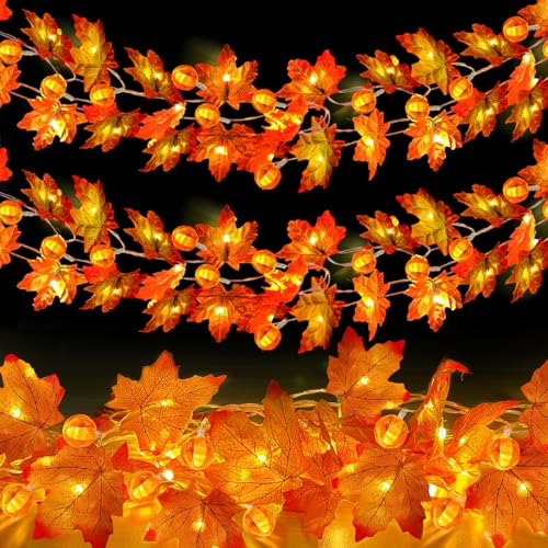 2 Pack Fall Garland with Pumpkin Lights Total 40LED 20Ft Battery Operated (2 Count)