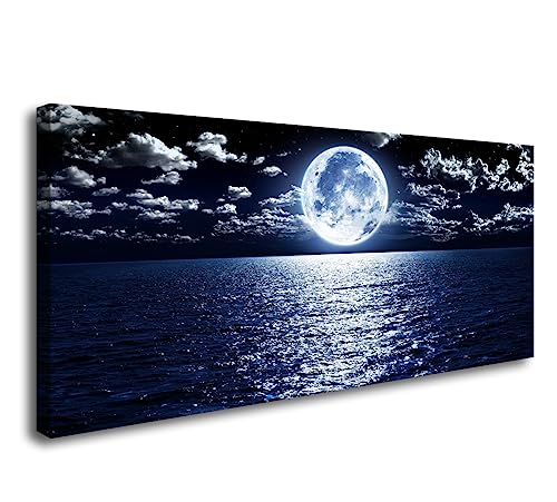 S06975 Wall Art Canvas Prints Moon Sea Ocean Landscape 1 Panels Full Moon in Cloud Pictures Paintings Stretched and Framed for Living Room Bedroom Kicthen Office Artwork 30x60inch