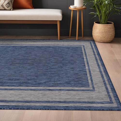 Large Outdoor Rug 9x12 Modern Bordered Area Rugs for Indoor and Outdoor Patio Deck Porch Garden Waterproof Weather Sun Resistant Washable Outside Carpet (108 Sq Ft)