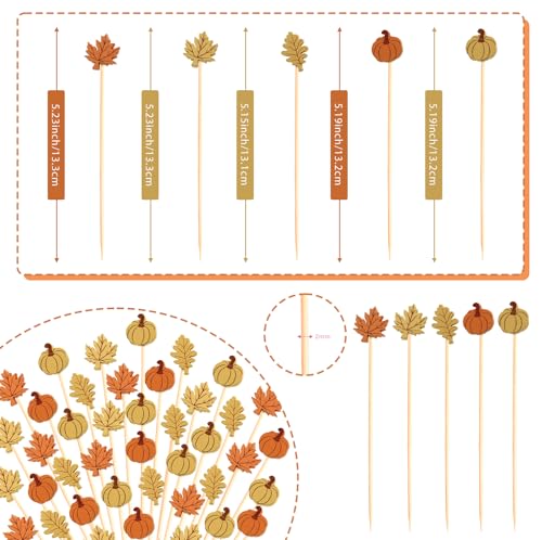 Fall Cocktail Picks Pumpkin Maple Leaf Assorted Autumn Theme Toothpicks Fruit Drinks Dessert Sticks Food Sandwich Appetizer Charcuterie Skewers (200 Count)