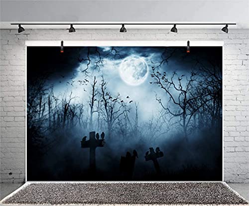 10x7ft Spooky Halloween Graveyard Backdrop Foggy Full Moon Horror Scene