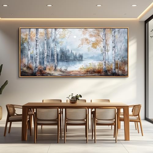 Trees Forest Landscape Painting Wall Art For Living Room Large Canvas Wall Decor For Bedroom Office Decorations Lake view Wall Pictures Home Decor Printing Artwork Wood Framed 32"X72"