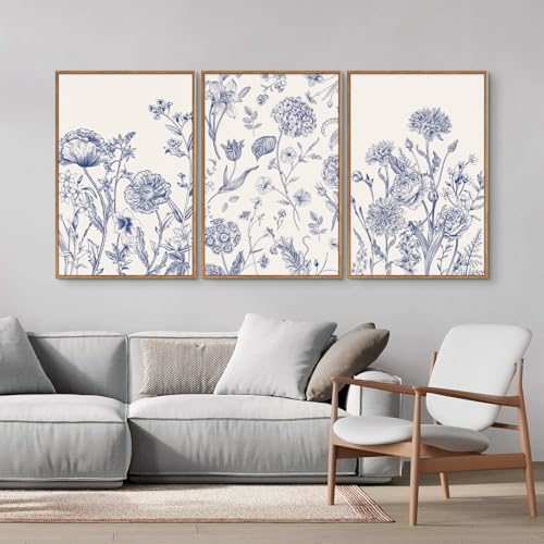 Large Classic Chinoiserie Flower Framed Canvas Wall Art Set (3 Count)