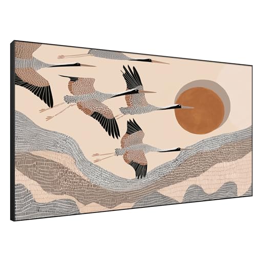 46"x72" Extra Large Framed Wall Art Flying Cranes Over Sunlit Hills Illustration for Home Living Room Bedroom Decor