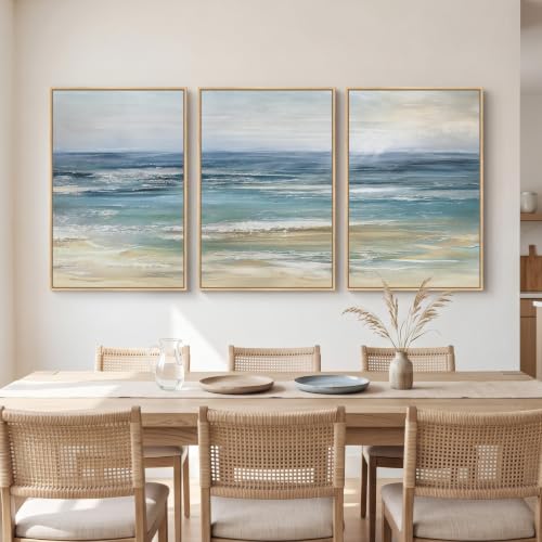 Large Framed Blue Coastal Landscape Wall Art for Living Room