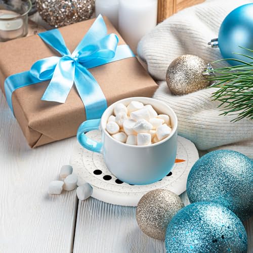 Christmas Cotton Coasters Handmade Braided Drink Coasters Winter Snowman Face Absorbent Cup Mats for Xmas Holiday Party Home Table Decor (4 Count)