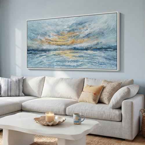 Extra Large Framed Blue Coastal Abstract Wall Art for Living Room