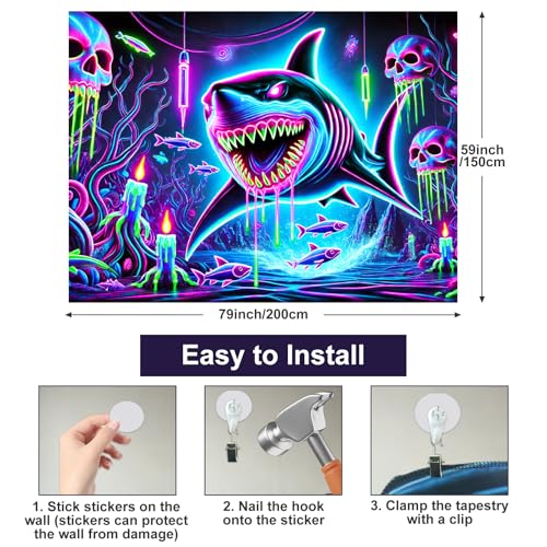 Blacklight Tapestry Shark Underwater Neon Decor 78 x 59 Inch
