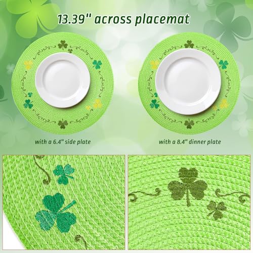 4Pcs Round St. Patrick's Day Placemats 13.4 Inch Embroidered Place Mats Green Shamrock Clover Dinner Table Mats for Home Spring Irish Holiday Birthday Party Decor (4 Count)