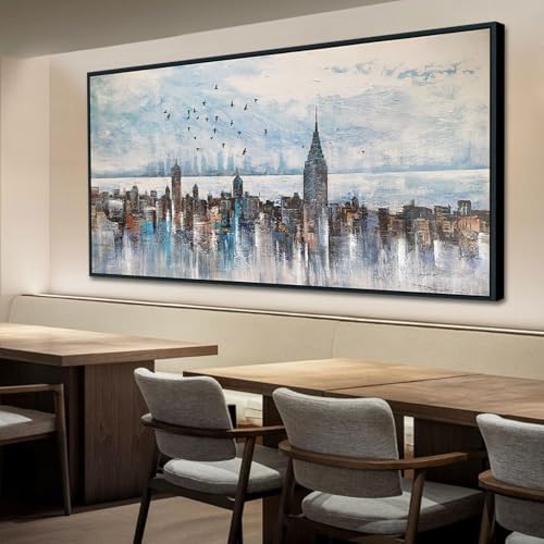 Cityscape Wall Art New York City Buildings Picture Modern Abstract Grey Skyline Birds NYC Painting Artwork for Bedroom Living Room Bathroom Home Office Decor