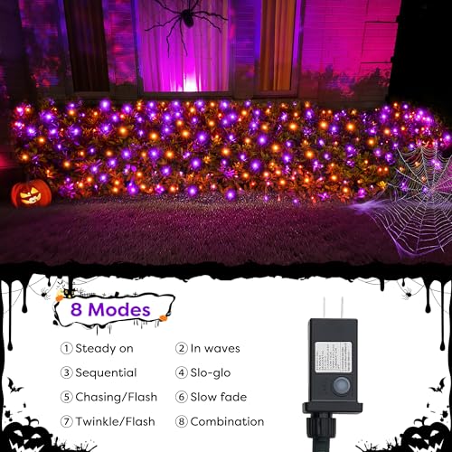 Halloween Lights Outdoor 200LED 8.4ft x 5.2ft Orange Purple Halloween Net Lights with 8 Modes