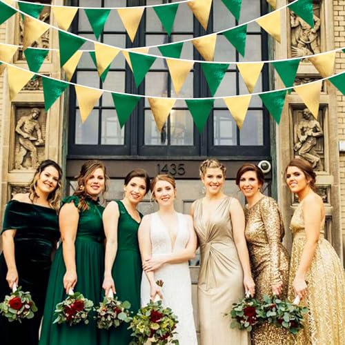 Green Gold Party Decorations Metallic Fabric Triangle Pennant Banner Flag Bunting Garland for Graduations Birthday Retirement Wedding Shower Spring Summer Master Golf Themed Outdoor Party Supplies
