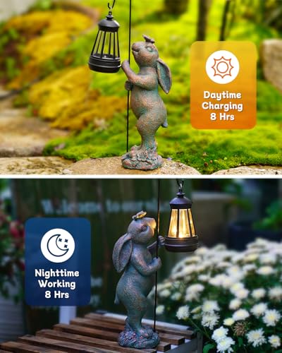 Garden Statues Outdoor Bunny with Solar Lantern