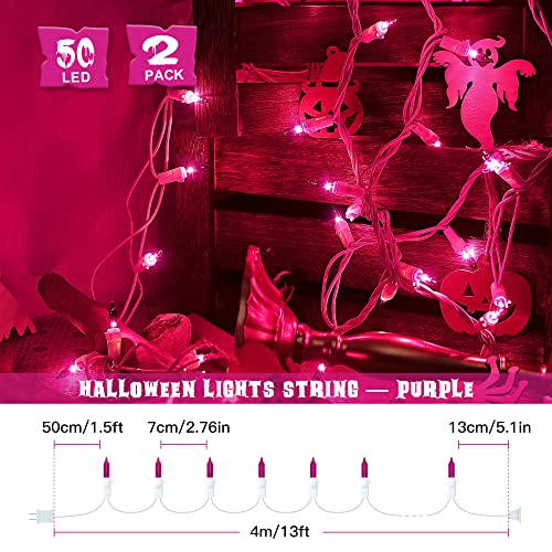 2PACK 50 Count 13ft Pink Purple Halloween Lights with White Wire (13 Foot)